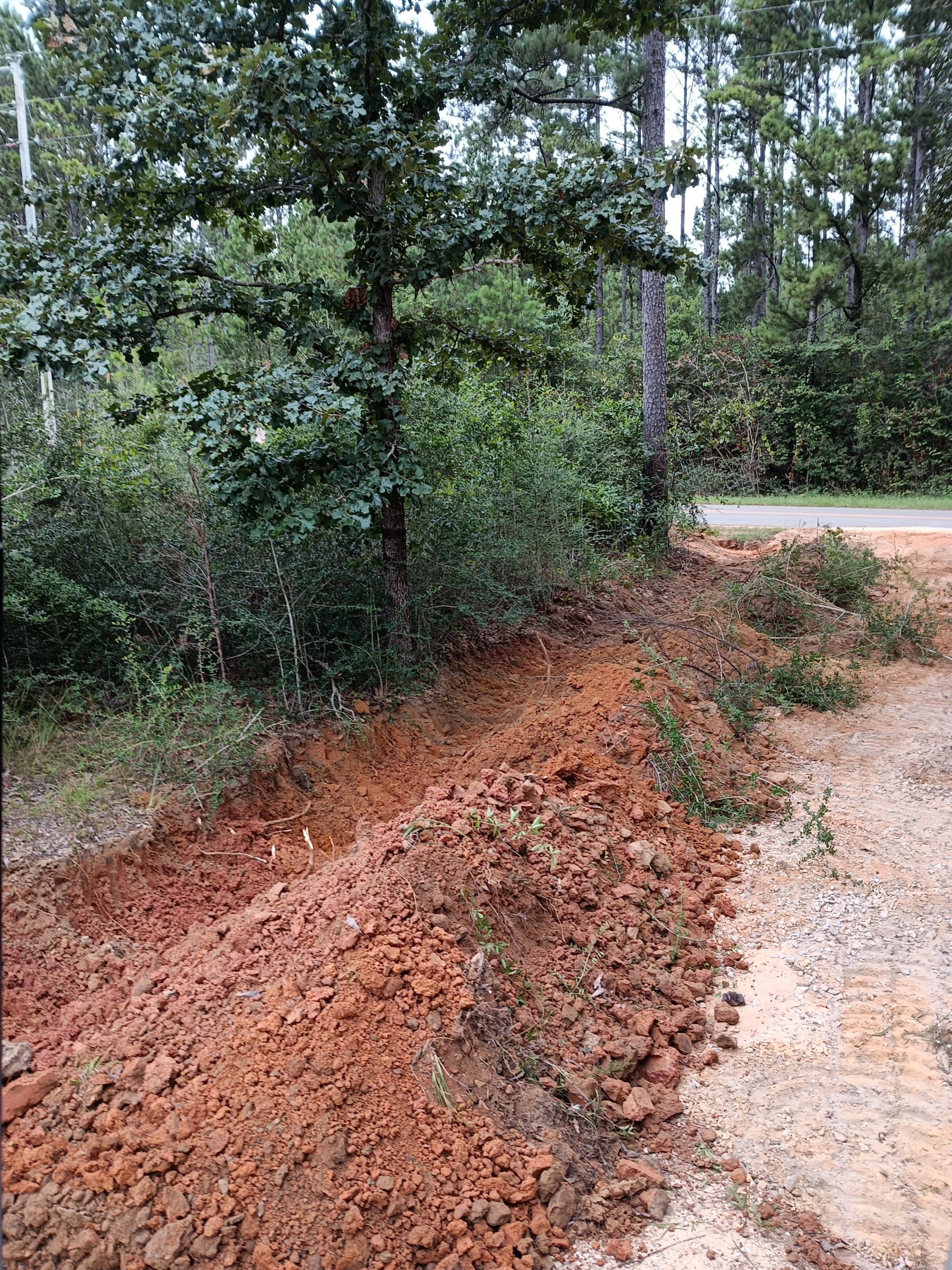 A yellow backhoe loader actively digs soil at a farm entrance with a green gate, under a cloudy sky.