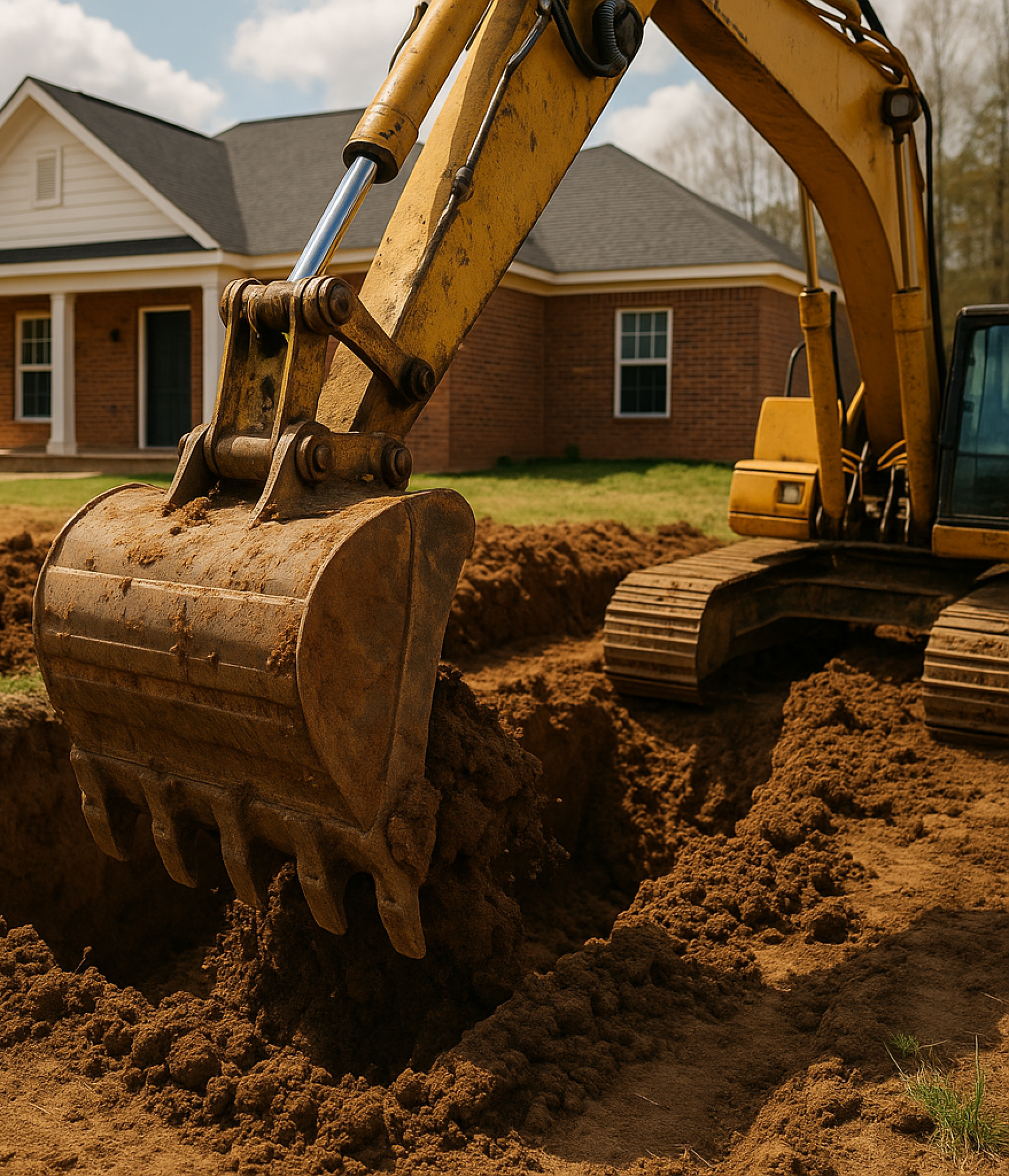 A yellow backhoe loader actively digs soil at a farm entrance with a green gate, under a cloudy sky.